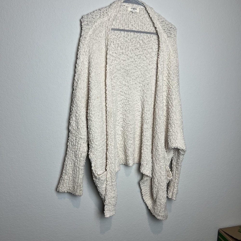 Umgee Cardigan Sweater Womens Medium White Open Knit Draped Front Pockets